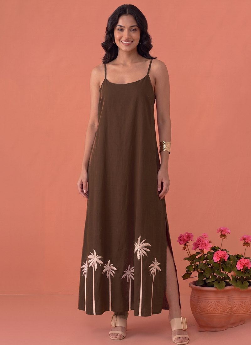 Brown Printed Cotton Palm Tree Maxi Dress After Six Wear