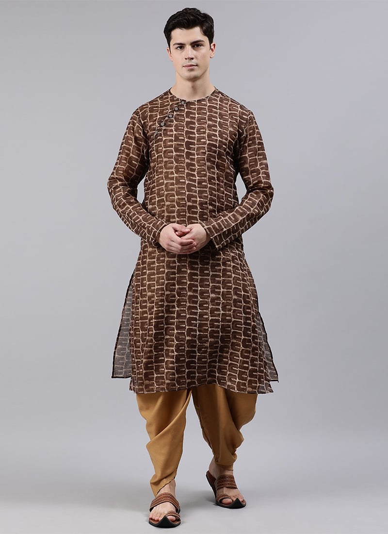 Brown Printed Kurta Peshawari Set