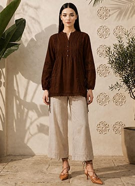 Brown Ready Lace Cotton Co Ord Set