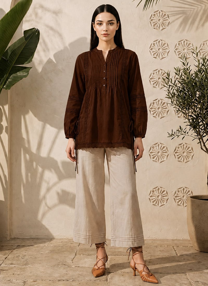 Brown Ready Lace Cotton Co Ord Set After Six Wear