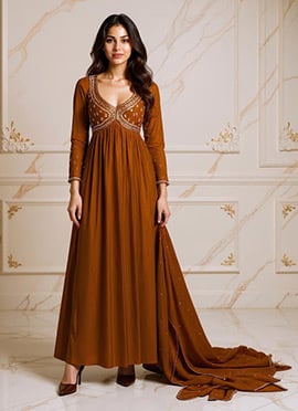 Brown Silk Hand Embroidered Chic Anarkali Suit