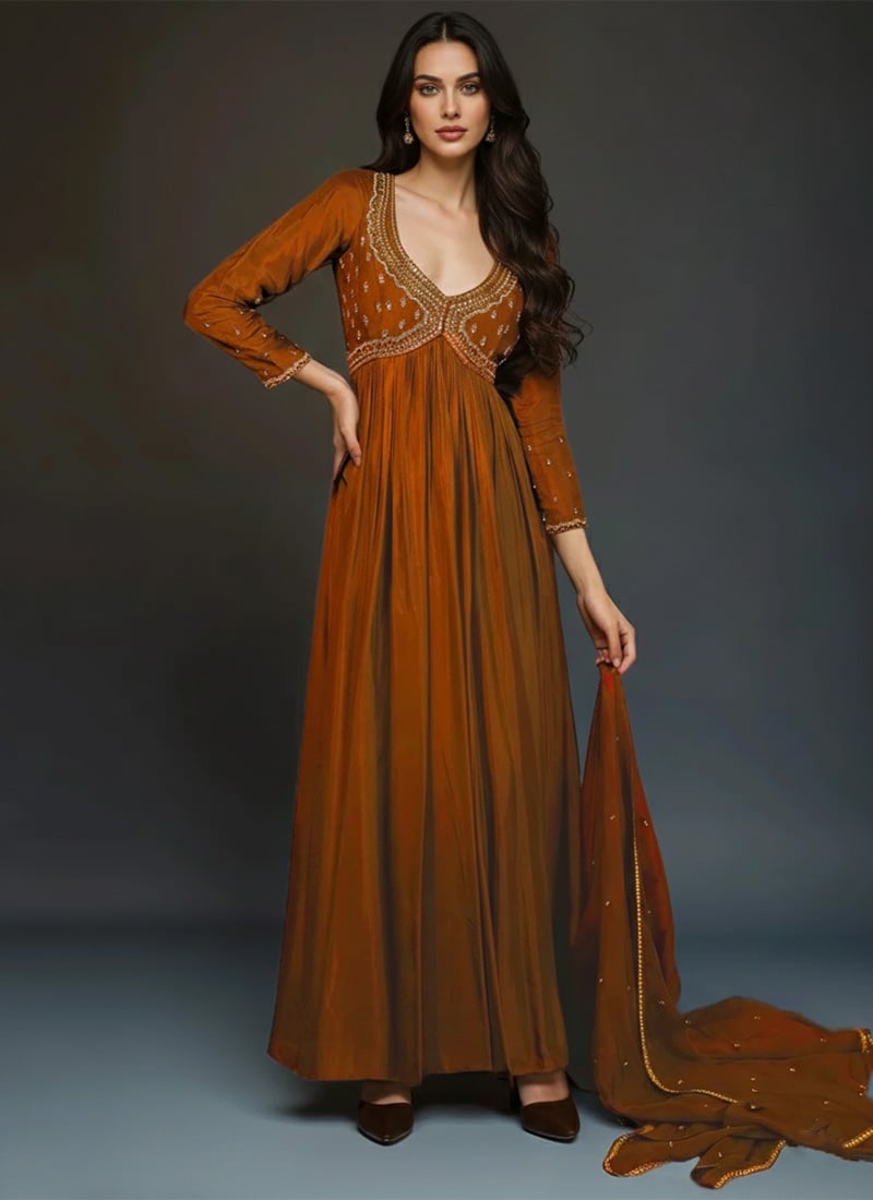 Brown Silk Hand Embroidered Chic Anarkali Suit Festive Wear