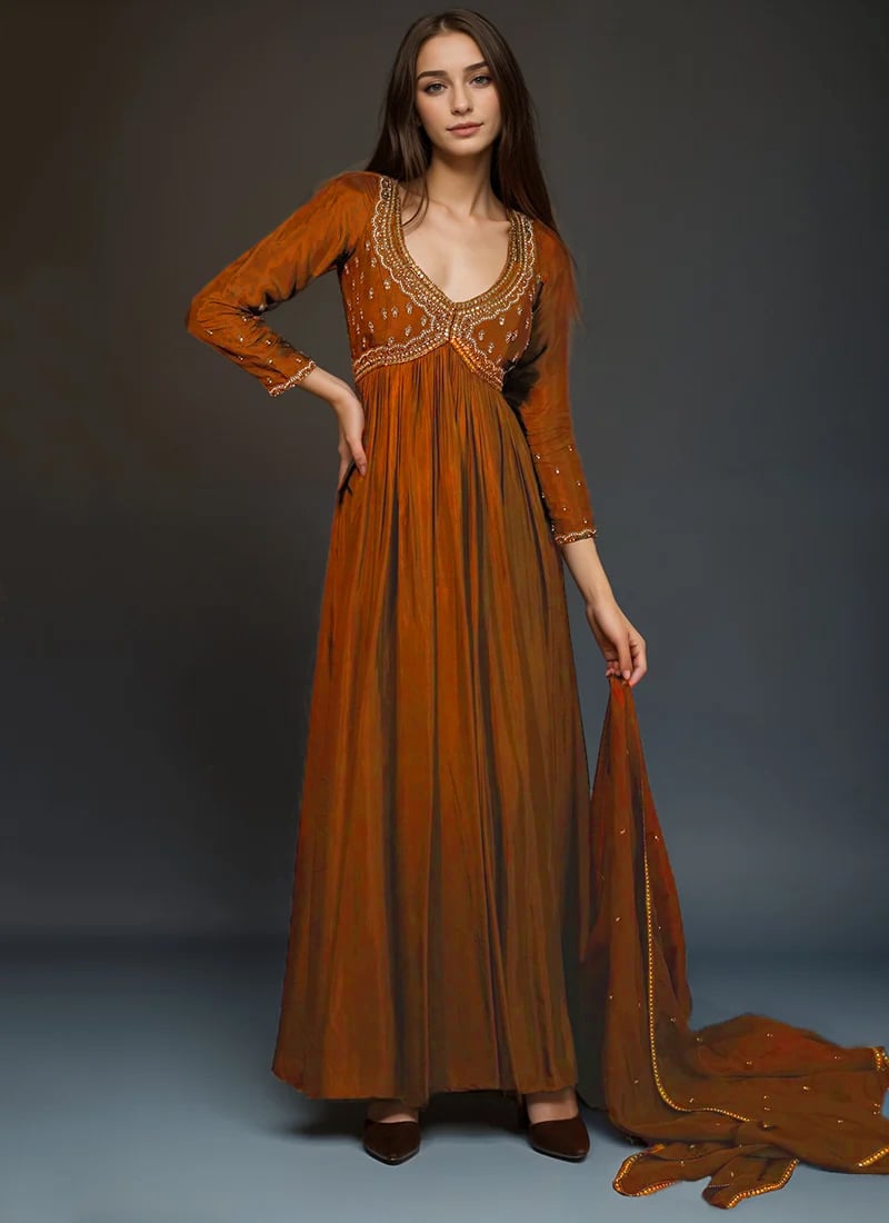 Brown Silk Hand Embroidered Chic Anarkali Suit Festive Wear