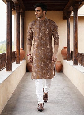 Brown Silk Printed Kurta Pyjama