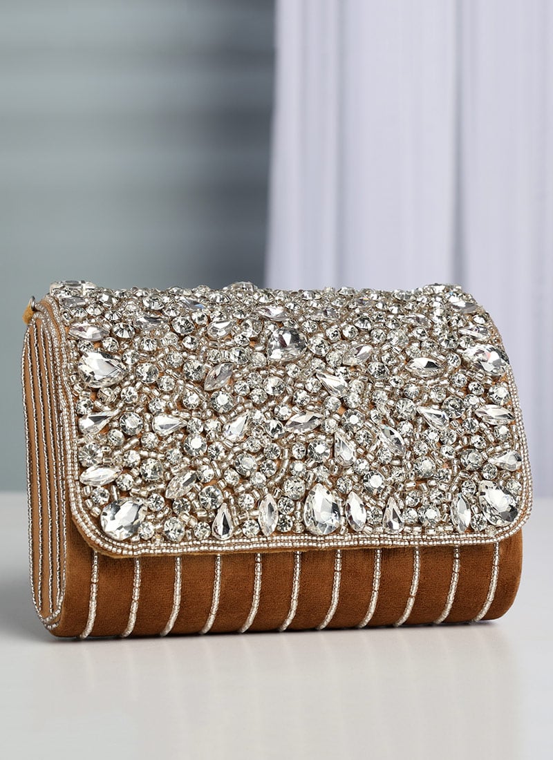 Brown Suede Crystals Clutch Party Wear