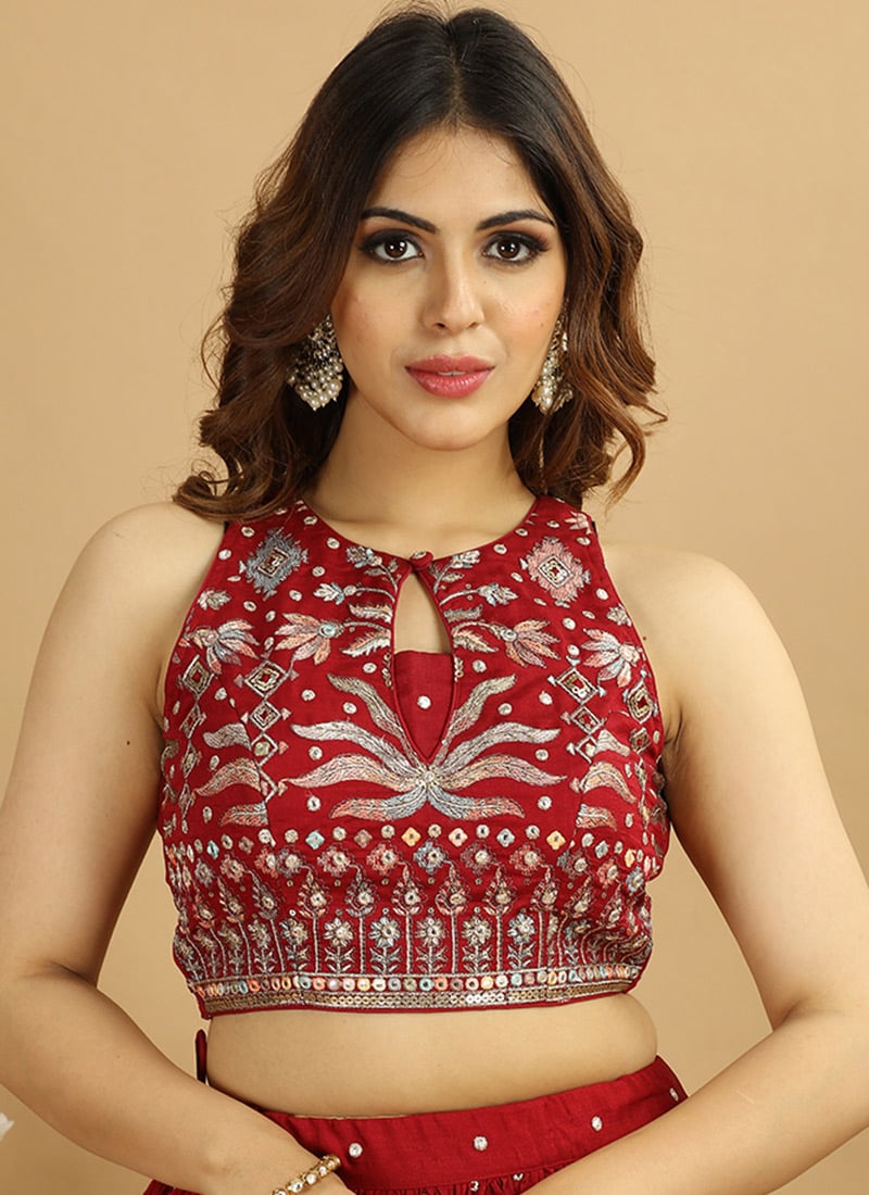 Burgundy Art Silk Embroidered Chic Blouse Wedding Wear