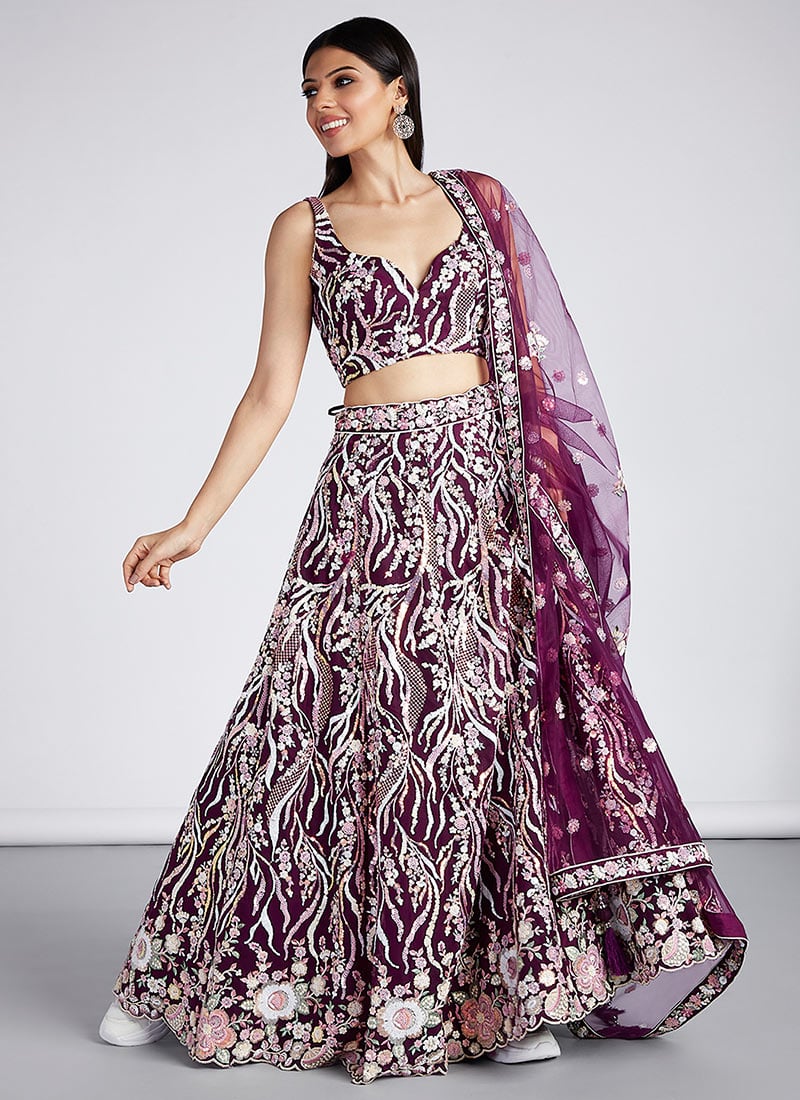Burgundy Net Embroidered Umbrella Lehenga Wedding Wear