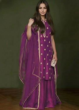 Burgundy Silk Hand Embroidered And Zardosi Palazzo Suit