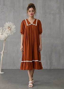 Burnt Orange Cotton Gathered Midi Dress With Contr