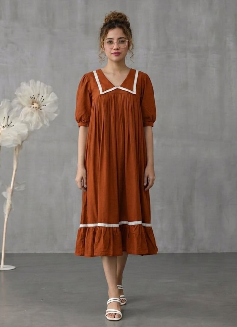 Burnt Orange Cotton Gathered Midi Dress With Contr After Six Wear