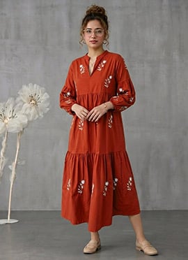 Burnt Orange Muslin Tiered Midi Dress With Embroid