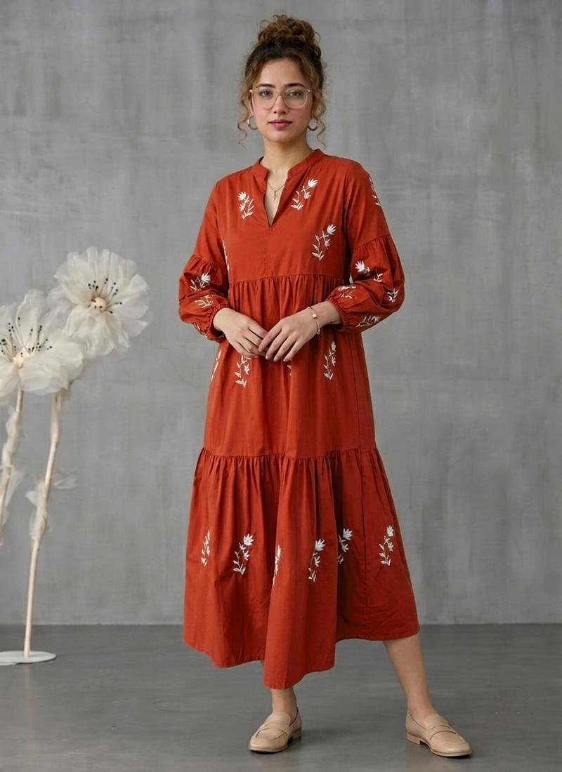 Burnt Orange Muslin Tiered Midi Dress With Embroid After Six Wear