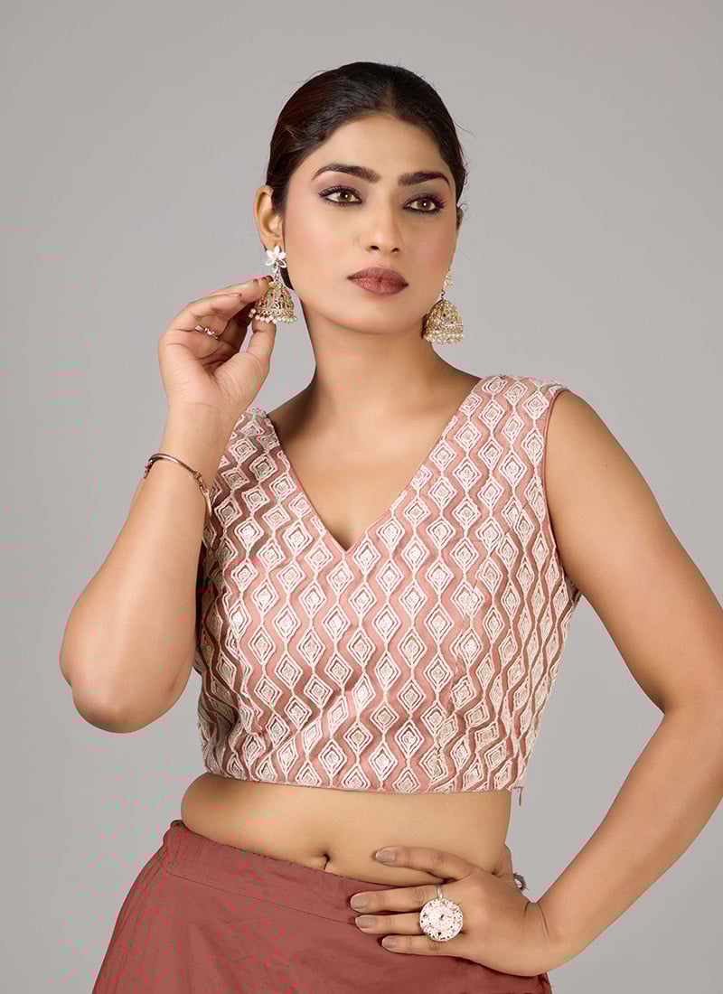 Cameo Brown Net Embroidered V Neck Blouse Party Wear