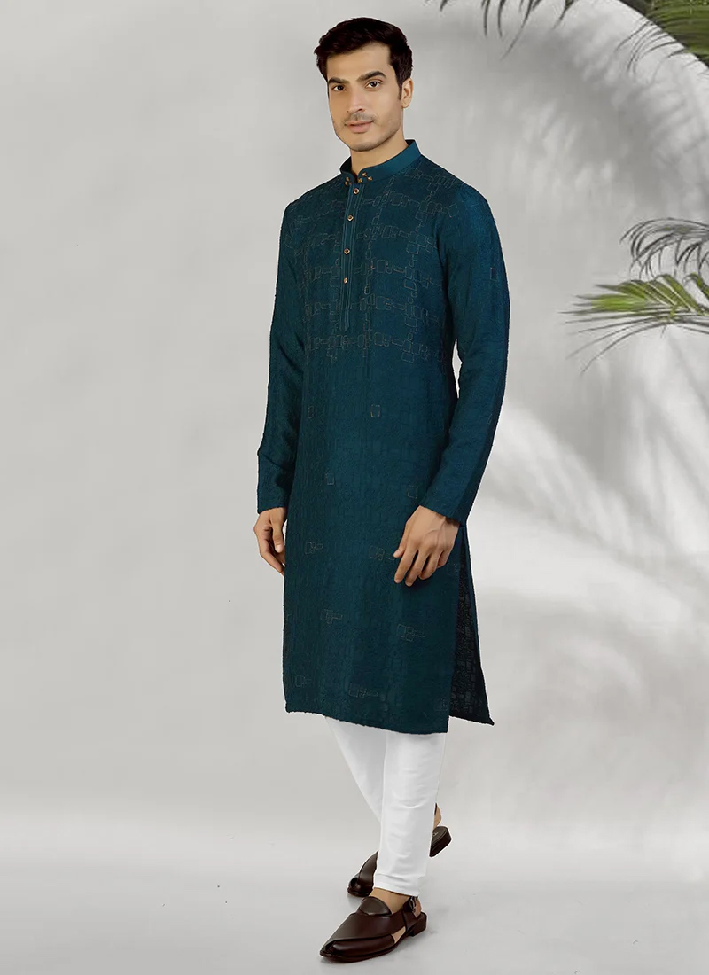 Chanderi Art Silk Embroidered Navy Blue Kurta Pyjama Festive Wear
