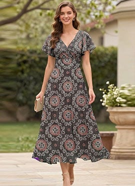 Charcoal Art Silk Indo Western Printed Maxi Dress