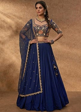 Charming Blue Faux Georgette Resham Embroidered Umbrella Lehenga