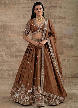 Charming Brown Super Satin Silk Sequins Zari Embroidered Resham Thread Umbrella Lehenga