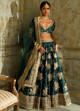 Charming Green Art Silk Zari Sequins Umbrella Lehenga Wedding Wear