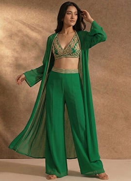 Charming Green Georgette Zari Resham Beads Indowestern Set