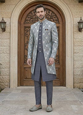 Charming Grey Jacquard Silk Indowestern Sherwani