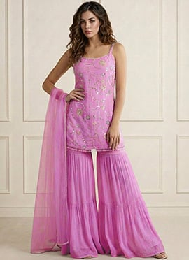 Charming Lavender Faux Georgette Embroidered Sharara Suit