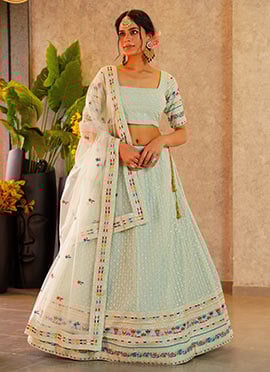 Charming Light Blue Faux Georgette Zari Embroidered Sequins Lehenga