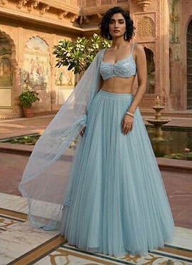 Charming Light Blue Net Beads Sequins Hand Embroidered Umbrella Lehenga