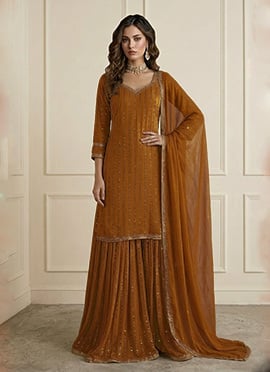 Charming Mustard Art Silk Embroidered Sharara Suit