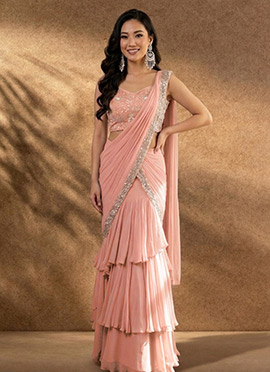 Charming Peach Georgette Sequins Hand Embroidered Cutdana Saree