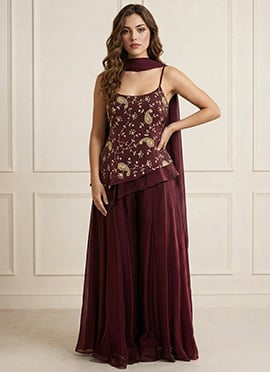 Charming Wine Art Silk Embroidered Palazzo Suit