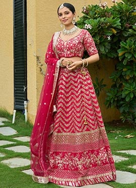 Cherry Red Silk Embroidered Sequins A Line Lehenga With Matching Choli And Dupatta