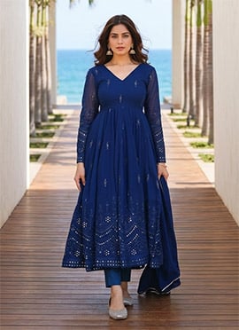 Chic Anarkali Suit In Blue Georgette Embroidered Mirror And Dupatta