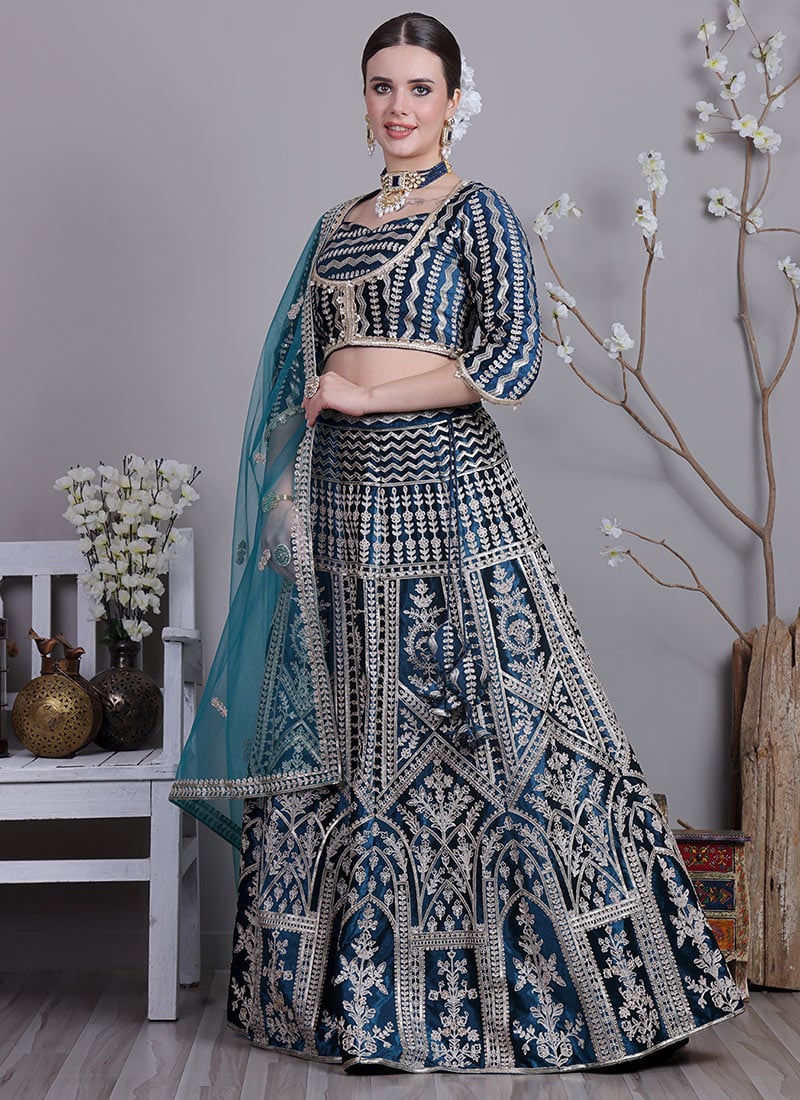 Chic Blouse Look With Teal Blue Velvet Lehenga Wedding Wear