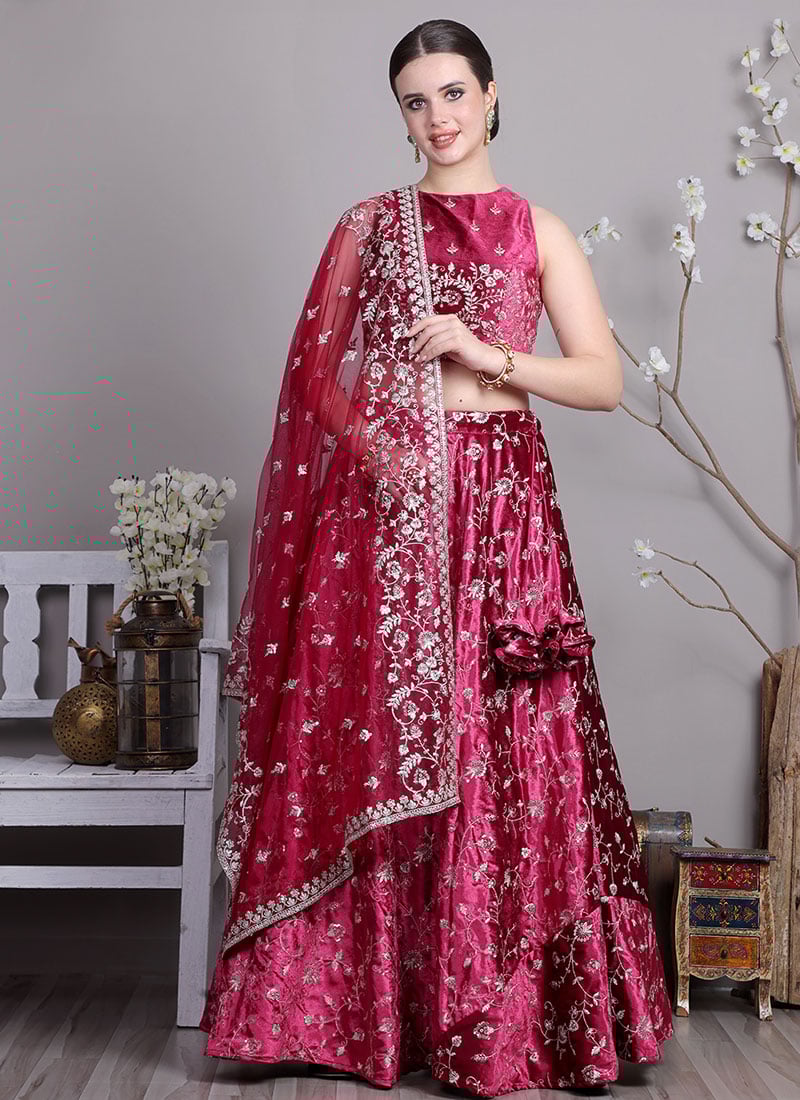 Teen Girls Chic Blouse With Pink Velvet Embroidered Lehenga Wedding Wear