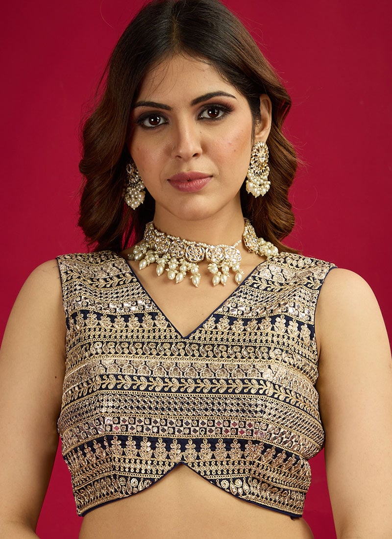 Chic Navy Blue Embroidered Blouse Wedding Wear
