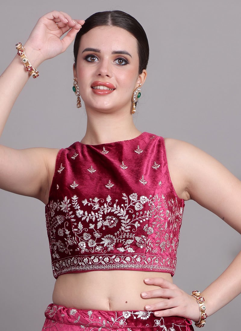 Chic Pink Velvet Embroidered Blouse Wedding Wear