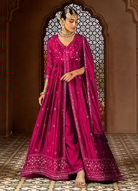 Chic Rani Pink Chinon Embroidered Sequins High Slit Palazzo Suit