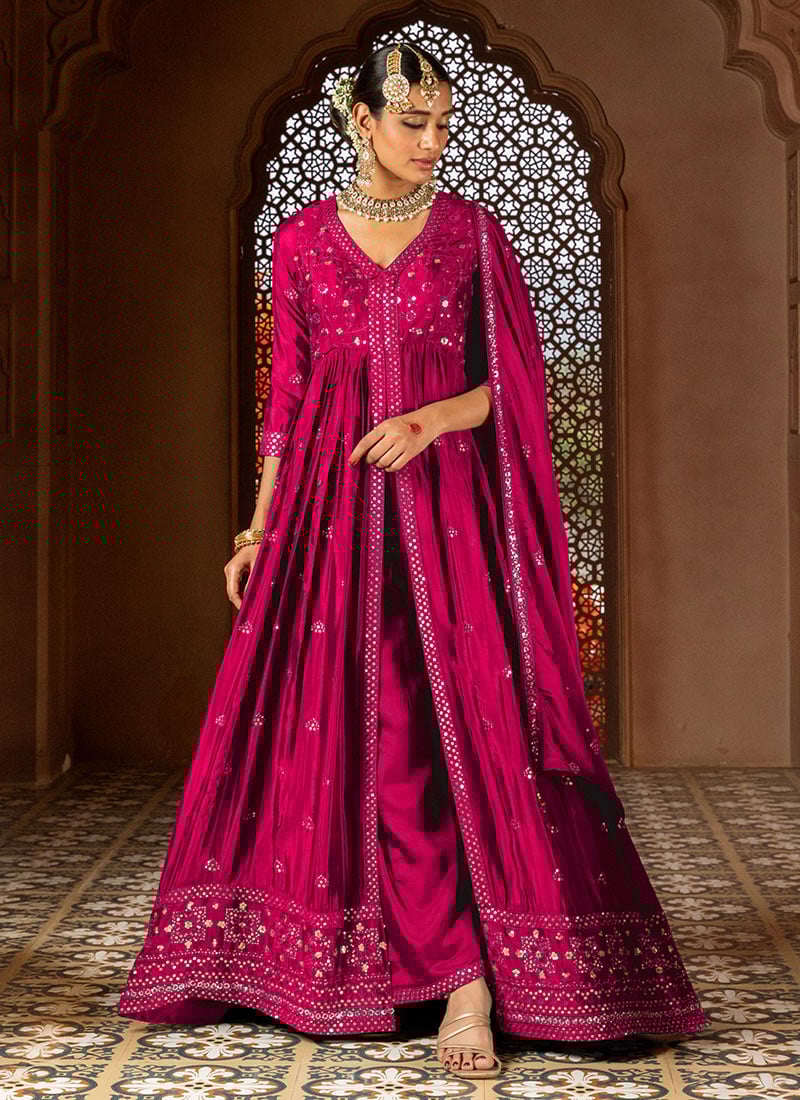 Chic Rani Pink Chinon Embroidered Sequins High Slit Palazzo Suit