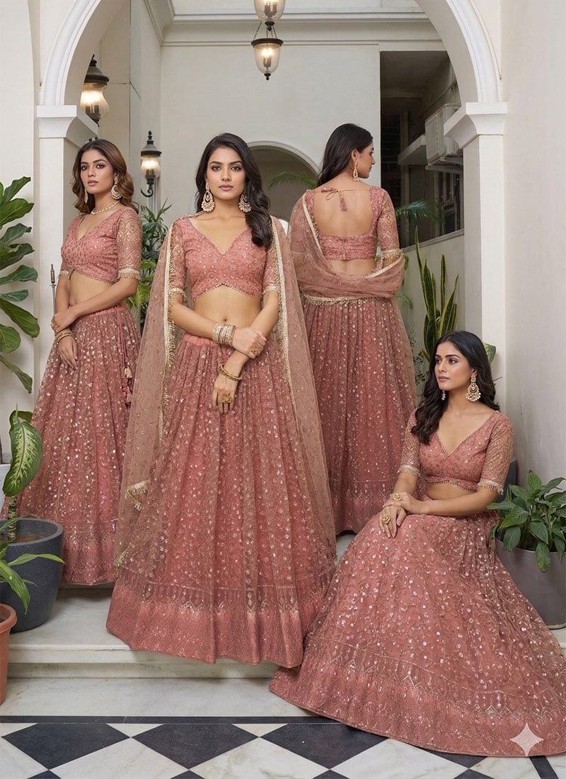 Chic Rust Pink Embroidered Net Lehenga Choli Set with Sequins Wedding Wear