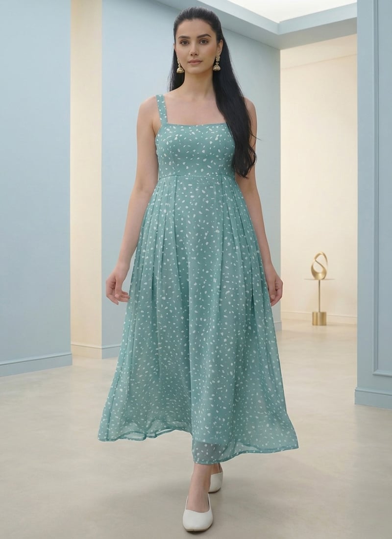 Chic Sage Green Georgette Indowestern Midi Dress After Six Wear