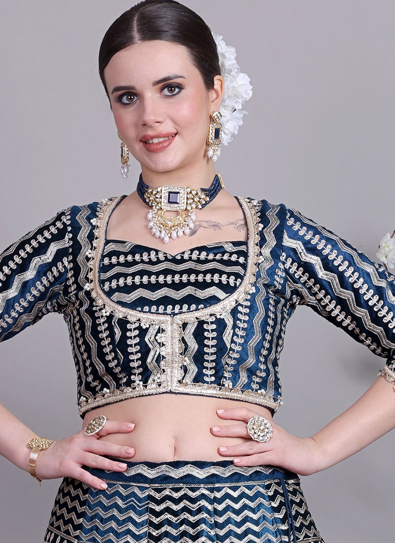 Chic Teal Blue Velvet Embroidered Blouse Wedding Wear