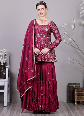 Chic Top With Art Silk Embroidered Sharara Suit