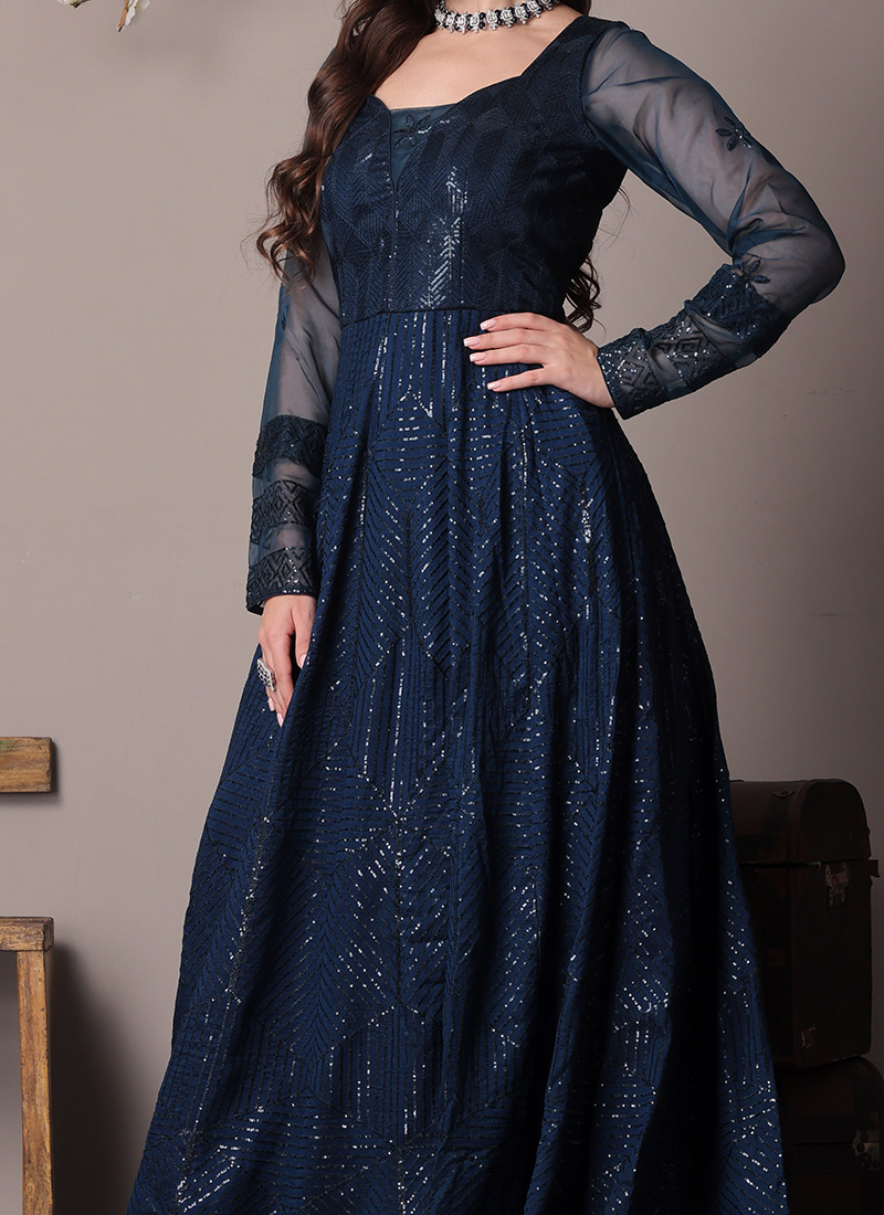 Wondrous Teal Blue Sequins Wedding Pant Style Anarkali