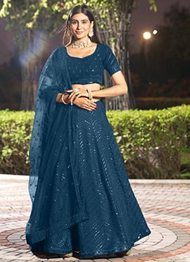 Chic Umbrella Lehenga In Rama Blue Georgette Thread Embroidered Sequins