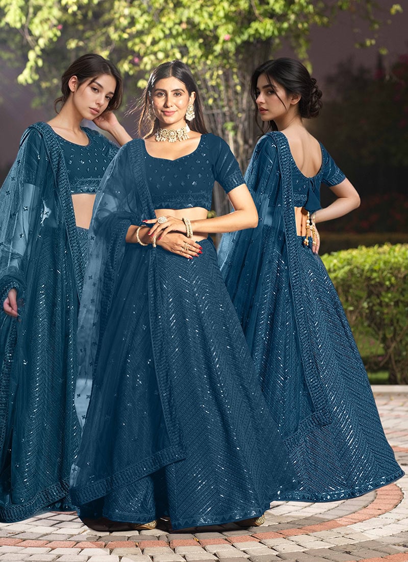 Chic Umbrella Lehenga In Rama Blue Georgette Thread Embroidered Sequins