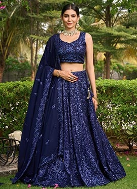 Chic Wedding Umbrella Lehenga In Blue Georgette Thread Embroidered Sequins
