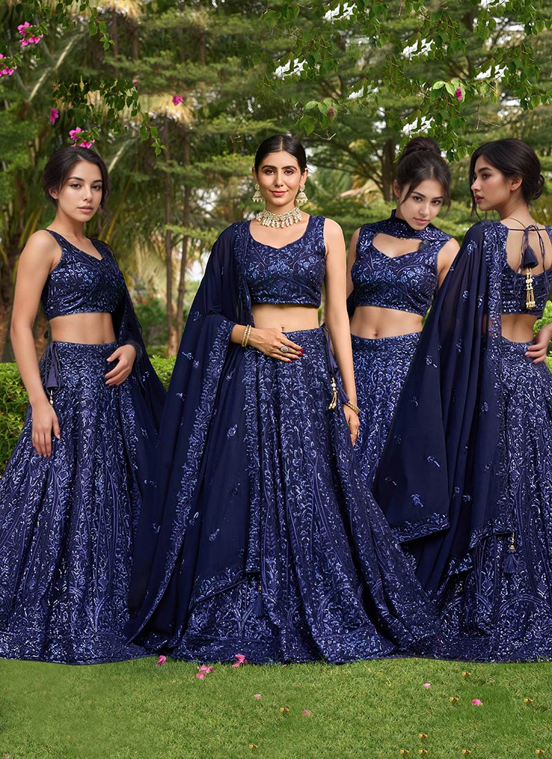 Chic Wedding Umbrella Lehenga In Blue Georgette Thread Embroidered Sequins Wedding Wear