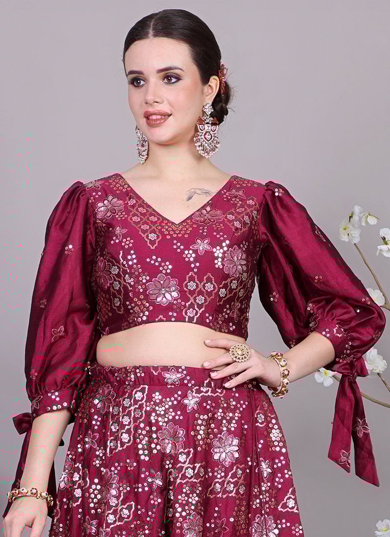 Chic Wine Embroidered Gathered Sleeve Style Blouse