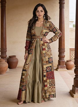 Chiku Georgette Printed Embroidered Sequins Stones Mirror Work  Jacket With Gown