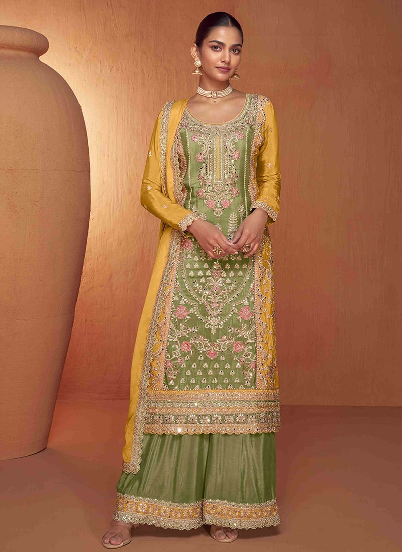 Chinon Embroidered Mirror Work Pakistani Palazzo Suit Party Wear